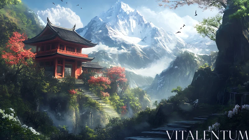 Serene mountainside temple basks in misty sunrise tranquility