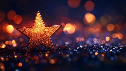 Glittering orange star amid bokeh lights on dark ground.