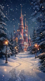 Snow covered forest path leads toward illuminated castle