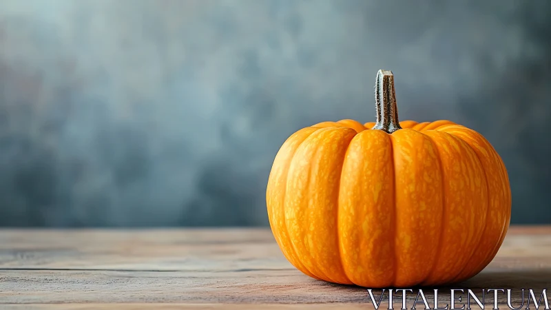 Orange pumpkin rests on wooden surface against blurred backdrop