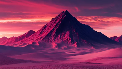 Crimson dune valley beneath jagged alien mountain peak.