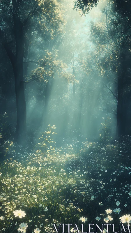 Enchanted Forest Clearing with Golden Light and Wildflowers