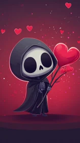 Chibi grim reaper holding stylized heart-shaped balloon bouquet