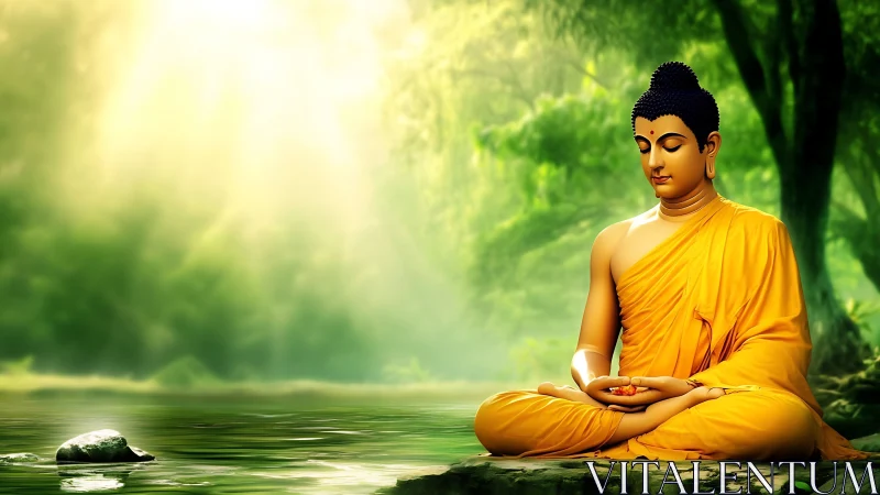 Seated figure in saffron robe meditates by reflective water