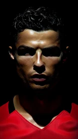 Male footballer portrait lit with strong frontal spotlight