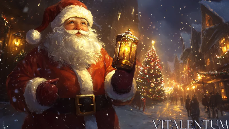 Santa Claus illuminates a festive snow-covered Christmas street