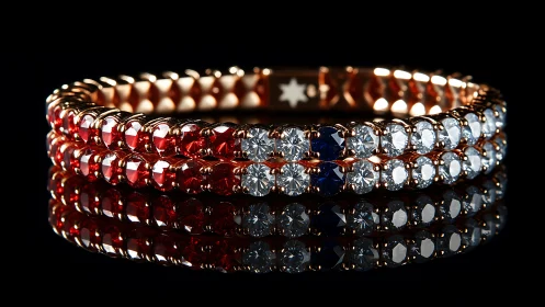 Jewel-toned tennis bracelet mirrors midnight sparks on glass.