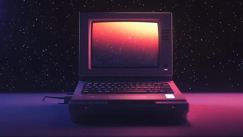 Retro computer terminal displays cosmic gradient on screen
