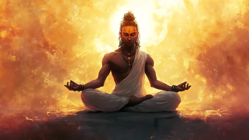 Serene yogi meditates in radiant golden spiritual light