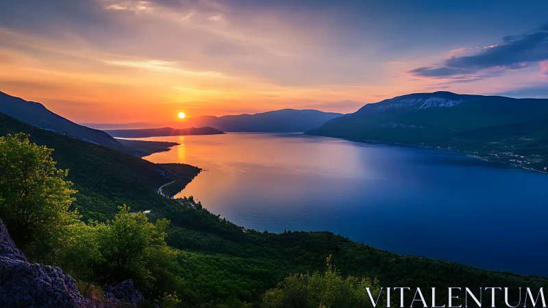 Sunset over calm blue lake with surrounding green hills.