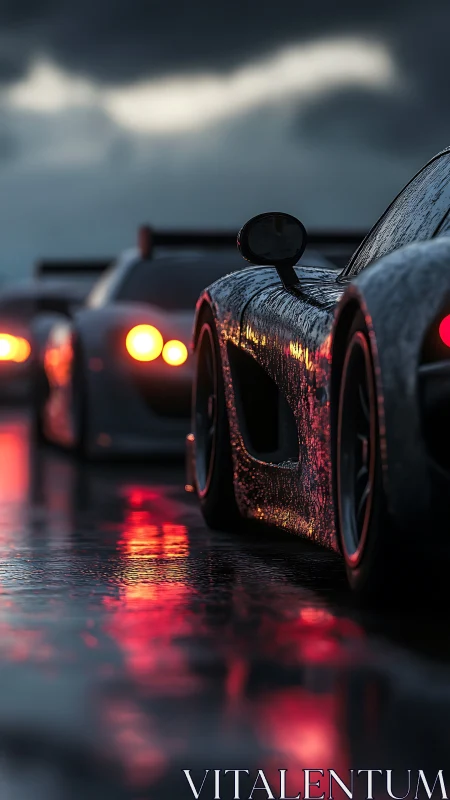 Rain-soaked supercars idle on reflective track at dusk