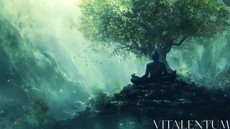 Meditative silhouette beneath luminous forest canopy at dawn.