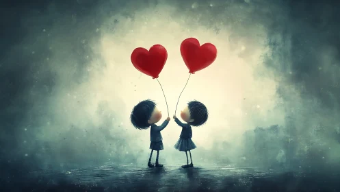 Two figures holding red heart-shaped balloons in misty atmosphere