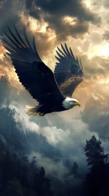 Bald eagle in strong flight above misty mountain valley.