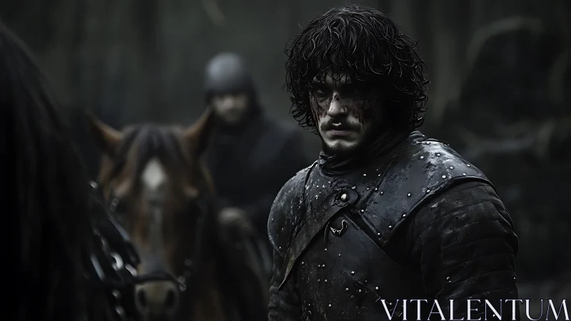 Battle-worn warrior in dark forest armor stands silently.