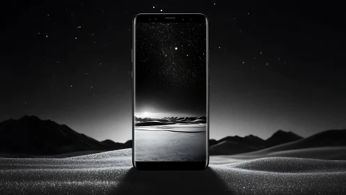 Bezel-less smartphone in monochrome desert under star field