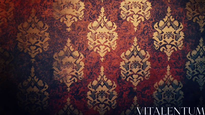 Vintage red damask wallpaper pattern with gold motifs.