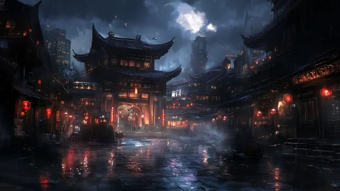 Rain-soaked neon temple street glows under a stormy night sky