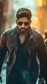 Cinematic close-up of bearded man in leather jacket with directional bokeh lighting