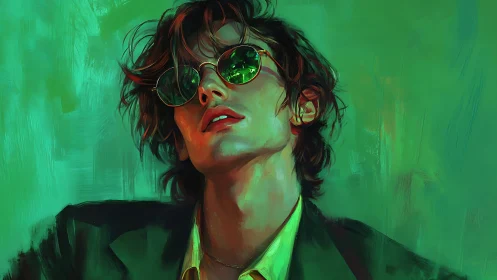 Male figure in green-tinted sunglasses against abstract field.