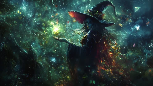 Enchanted forest witch conjures luminous emerald magic orb.