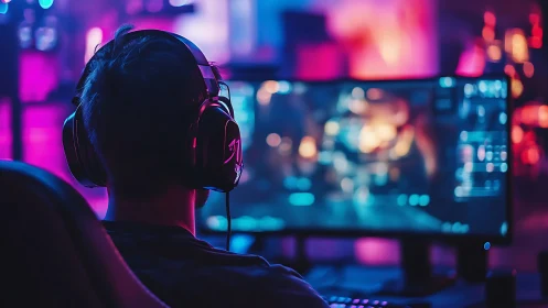 Person uses dual monitors in low-light gaming workstation