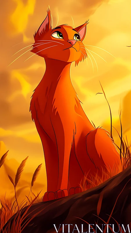 Fiery orange cat gazing upward in glowing sunset field.