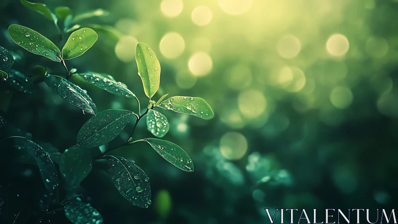 Backlit dew-covered leaves rendered in shallow-focus macro