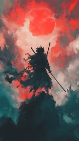Silhouetted warrior with dual katanas under crimson eclipse sky
