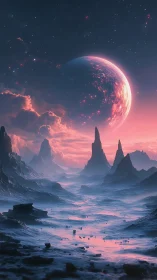 Distant planet rises above eroded alien valley landscape