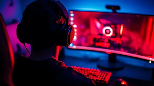 Person uses curved monitor and headset in RGB lit workspace