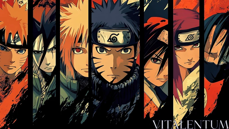 Bold ninja portraits united in a fiery, determined lineup.