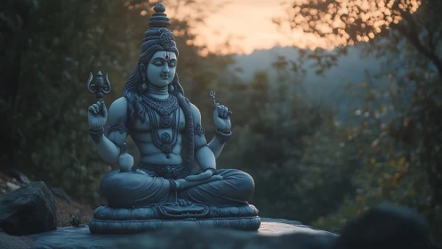Serene stone deity statue in twilight forest ambiance.