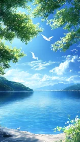 Sunlit lakeshore panorama renders aerial depth and clarity