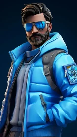 Stylized 3D explorer in blue winter jacket portrait.