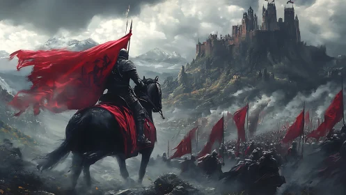 Crimson war banners churn as the black rider claims the hill