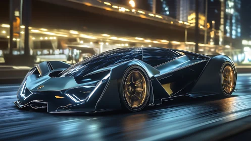 Sleek hypercar streaking through neon-lit city streets at night.