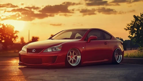Sunset-kissed red Lexus coupe waits low and ready for night drives