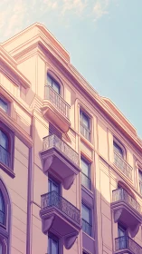 Sunlit pastel balconies climb a dreamy urban morning facade.
