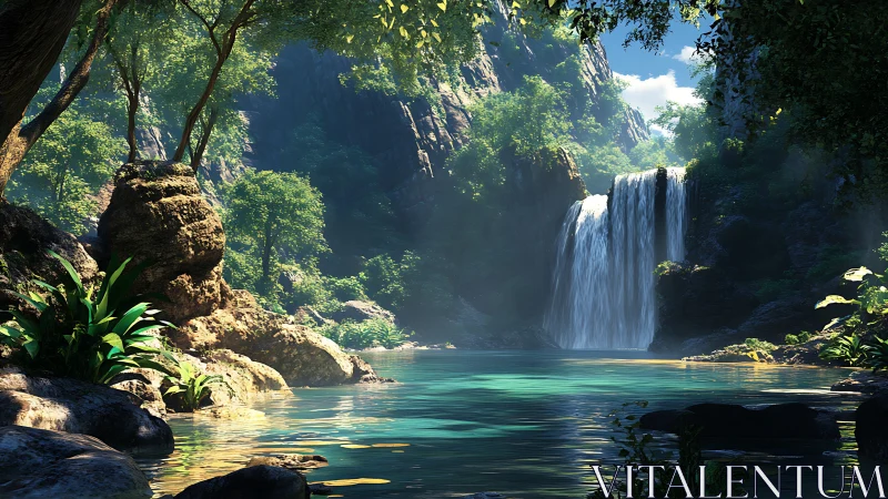 Lush jungle waterfall cascading into clear turquoise pool.