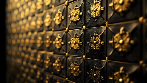 Ornate golden floral tiles on dark wall, close-up, dramatic lighting.