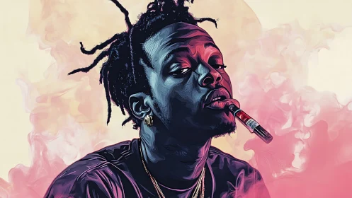 Neon portrait of cool smoker amid swirling pink haze.