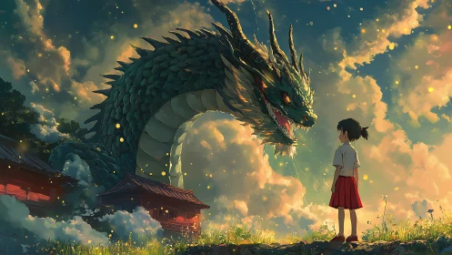 Celestial dragon arcs around girl amid volumetric clouds and sparks