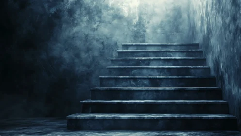 Misty stone staircase rising toward a soft hidden glow.