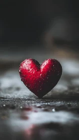 Crimson Heart Glistens. Rain-Soaked Love Symbol.