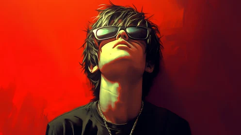 Cool teen in sunglasses leans back against vivid red wall.