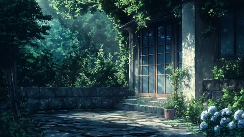 Shaded garden patio borders a house with sliding doors