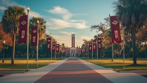Symmetrical campus walkway leads to brick clock tower at dusk