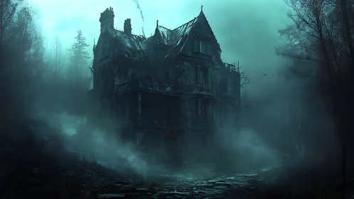 Old multi-story manor stands in dense fog within sparse forest