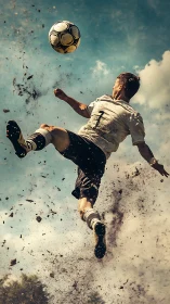 Soccer player executing midair kick on outdoor dirt field.